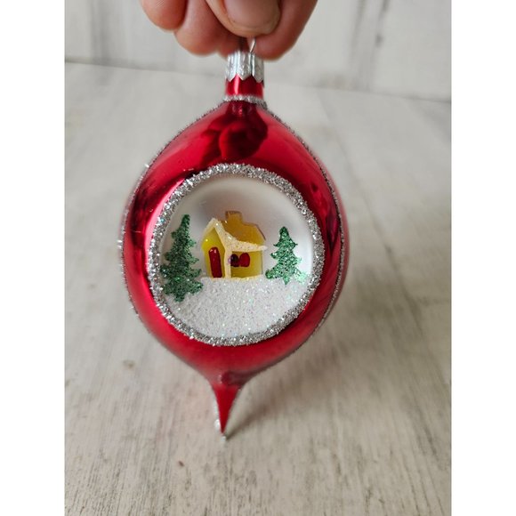 Vintage radko country scene reflector teardrop red glitter ornament Xmas indent - Picture 3 of 9